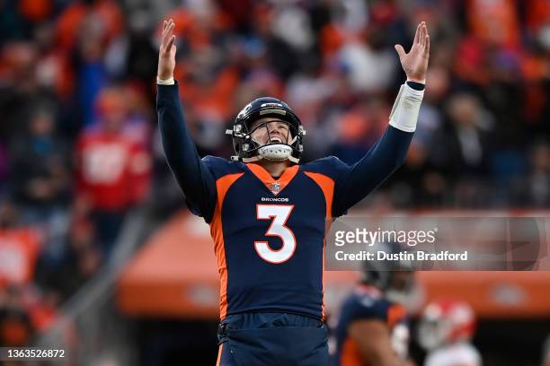 Drew Lock of the Denver Broncos reacts after Melvin Gordon rushes for a touchdown during the fourth quarter against the Kansas City Chiefs at Empower...