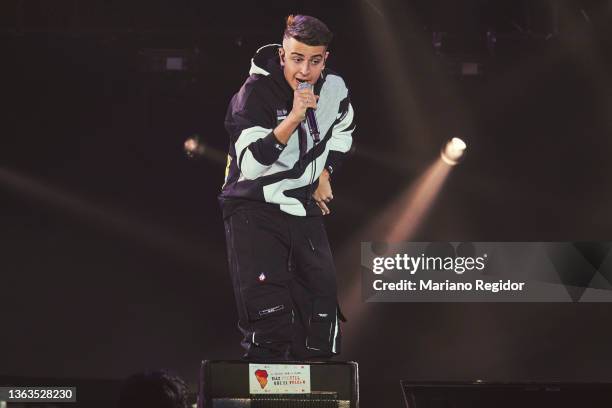 Spanish singer Adexe from Adexe & Nau performs on stage during 'Mas Fuertes que el Volcan' charity concert at Wizink Center on January 08, 2022 in...