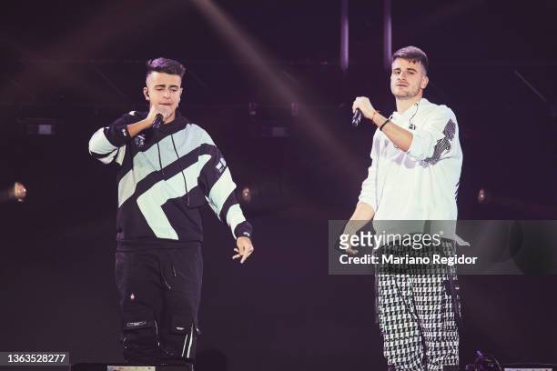 Adexe and Nau perform on stage during 'Mas Fuertes que el Volcan' charity concert at Wizink Center on January 08, 2022 in Madrid, Spain. The concert...