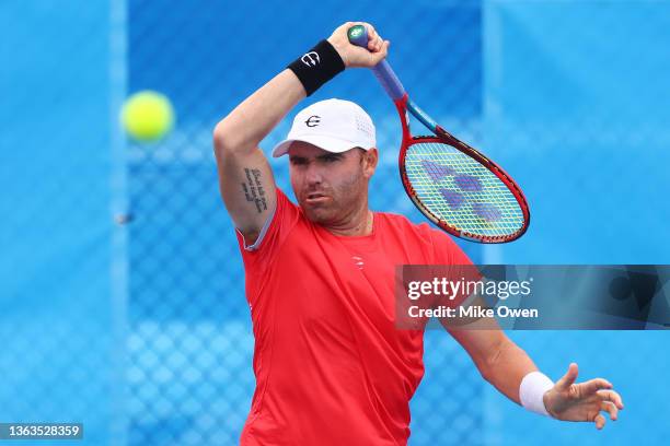 Bjorn Fratangelo of the United States plays a forehand in his Men’s Singles Final match against Tomas Machac of Czech Republic during day eight of...