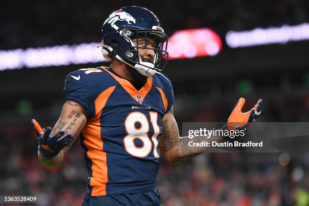 Tim Patrick of the Denver Broncos reacts after a non penalty call during the second half against the Kansas City Chiefs at Empower Field At Mile High...