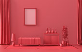 Single Frame Gallery Wall in dark red, maroon color monochrome flat room with furniture and plants, 3d Rendering
