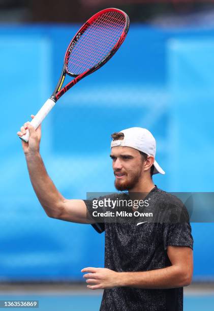 Tomas Machac of Czech Republic celebrates winning his Men’s Singles Final match against Bjorn Fratangelo of the United States during day eight of the...