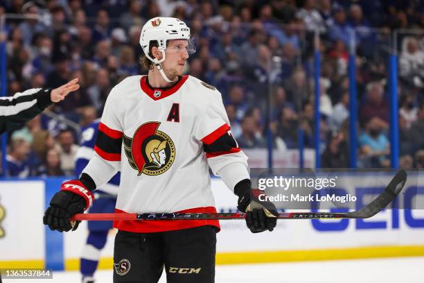 Thomas Chabot of the Ottawa Senators against the Tampa Bay Lightning during the first period at Amalie Arena on December 16, 2021 in Tampa, Florida.