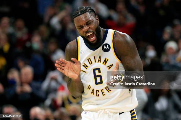 Lance Stephenson of the Indiana Pacers reacts after a play in the game against the Utah Jazz during the fourth quarter at Gainbridge Fieldhouse on...