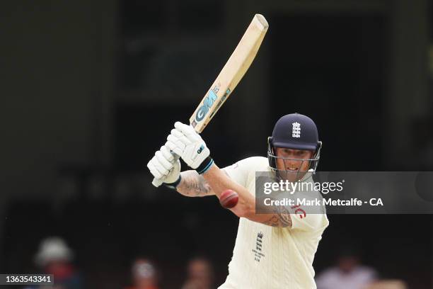 Ben Stokes of England hits a four during day five of the Fourth Test Match in the Ashes series between Australia and England at Sydney Cricket Ground...