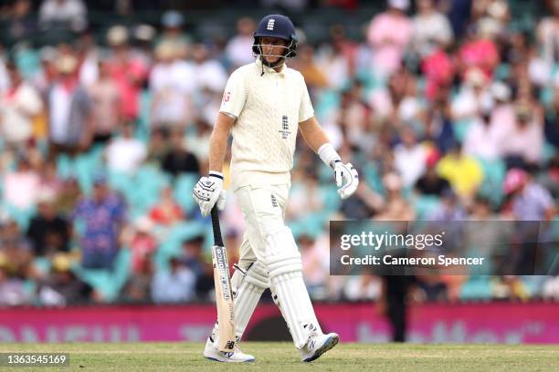 Joe Root of England walks off after being dismissed by Scott Boland of Australia during day five of the Fourth Test Match in the Ashes series between...