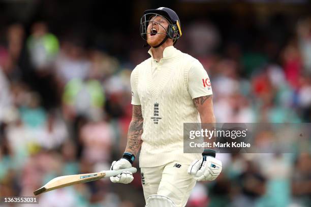 Ben Stokes of England reacts after being dismissed by Nathan Lyon of Australia during day five of the Fourth Test Match in the Ashes series between...