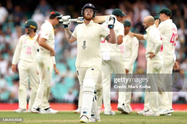 Ben Stokes of England reacts after being dismissed by Nathan Lyon of Australia during day five of the Fourth Test Match in the Ashes series between...