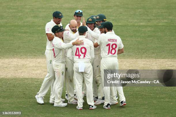 Nathan Lyon of Australia celebrates after taking the wicket of Ben Stokes of England during day five of the Fourth Test Match in the Ashes series...