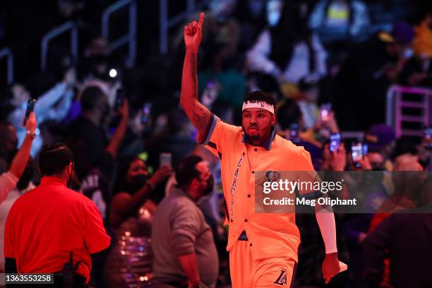 Kent Bazemore of the Los Angeles Lakers walks onto the court for the game against the Atlanta Hawks at Crypto.com Arena on January 07, 2022 in Los...