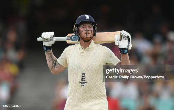 Ben Stokes of England reacts after being dismissed during day five of the Fourth Test Match in the Ashes series between Australia and England at...