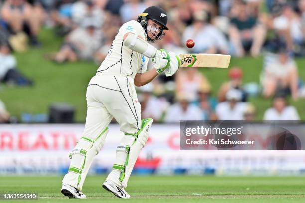 Tom Latham of New Zealand bats during day one of the Second Test match in the series between New Zealand and Bangladesh at Hagley Oval on January 09,...