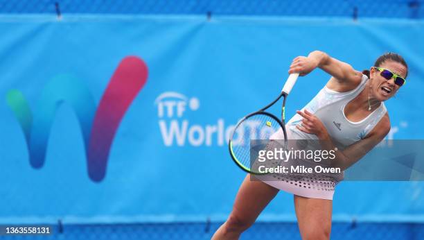 Paula Ormaechea of Argentina serves in her Women’s Singles Final match against Yue Yuan of China during day eight of the 2022 Traralgon International...