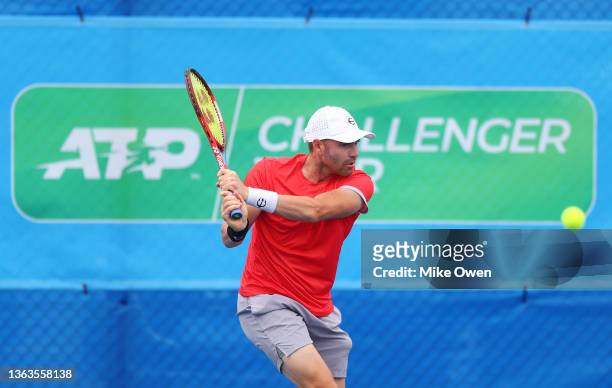 Bjorn Fratangelo of the United States plays a backhand in his Men’s Singles Final match against Tomas Machac of Czech Republic during day eight of...