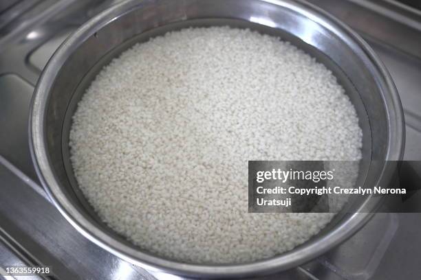 sticky rice in water , prepared for pounding mochi,mochi tsuki - arroz de grão curto imagens e fotografias de stock