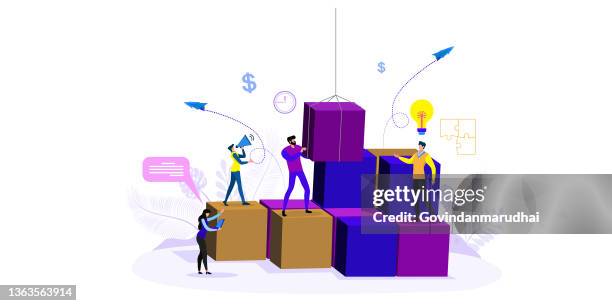 solving problem and difficult work teamwork assemble tiny persons concept. effective business solution strategy and complex task cooperation as successful performance process - complex stock illustrations