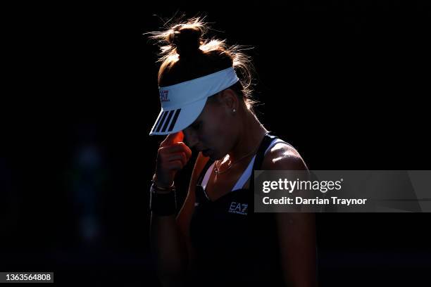 Veronika Kudermetova of Russia reacts in her match against Simon Halep of Romania during day seven of the Melbourne Summer Events at Melbourne Park...