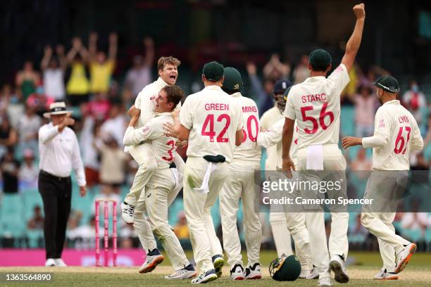 Steve Smith of Australia celebrates after claiming the wicket of Jack Leach of England during day five of the Fourth Test Match in the Ashes series...