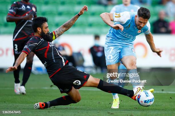 Matthew Leckie of Melbourne City and Rhys Williams of the Wanderers contest the ball during the round nine A-League Men's match between Melbourne...