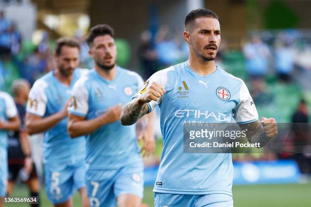 Jamie Maclaren of Melbourne City celebrates after scoring a goal during the round nine A-League Men's match between Melbourne City and Western Sydney...