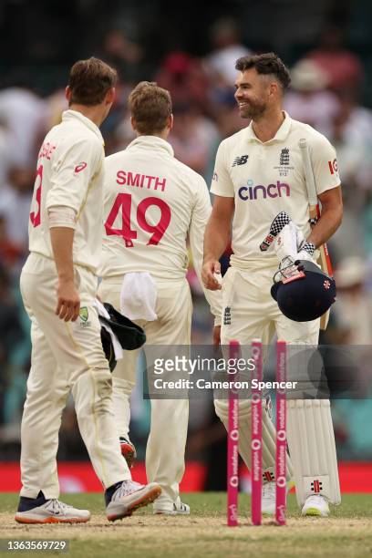 Jimmy Anderson of England reacts after the match ended in a draw on day five of the Fourth Test Match in the Ashes series between Australia and...