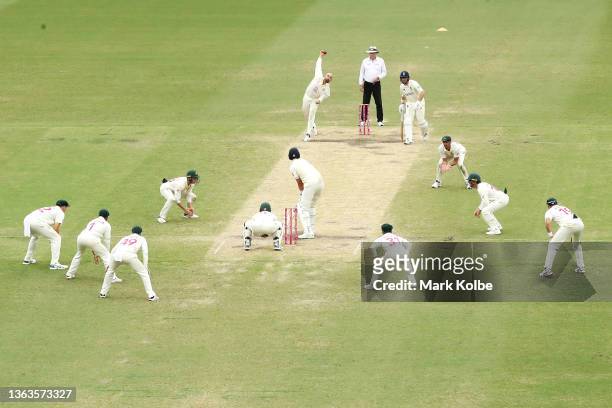 Nathan Lyon of Australia bowls to Stuart Broad of England during day five of the Fourth Test Match in the Ashes series between Australia and England...