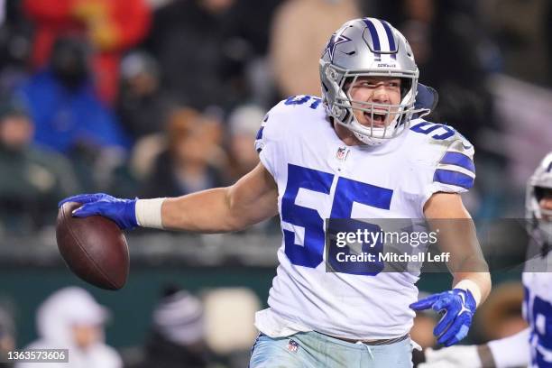Leighton Vander Esch of the Dallas Cowboys reacts after intercepting a pass against the Philadelphia Eagles at Lincoln Financial Field on January 8,...