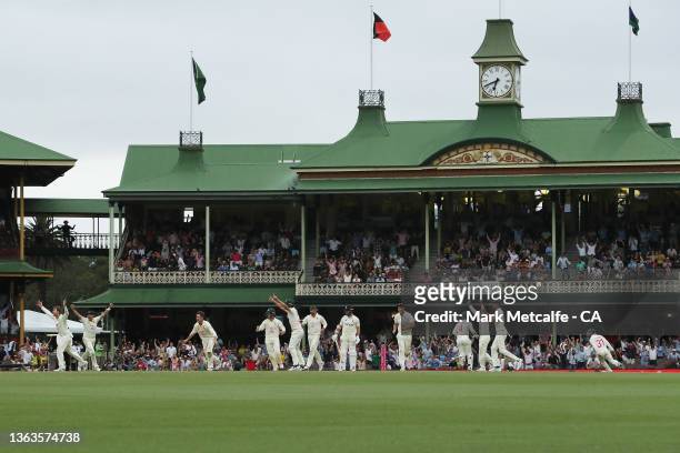 Steve Smith of Australia celebrates after taking the wicket of Jack Leach of England during day five of the Fourth Test Match in the Ashes series...