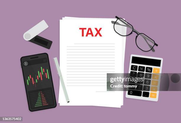tax document, pen, glasses, calculator, mobile phone and a hardware wallet on the table - tax time stock illustrations