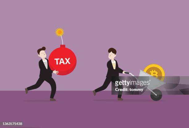 a businessman with a cryptocurrency coin runs away from a tax bomb - tax 幅插畫檔、美工圖案、卡通及圖標