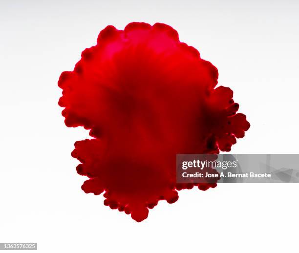 full frame of drops and splashes of red paint on a white canvas in the form of blood. - blut stock-fotos und bilder