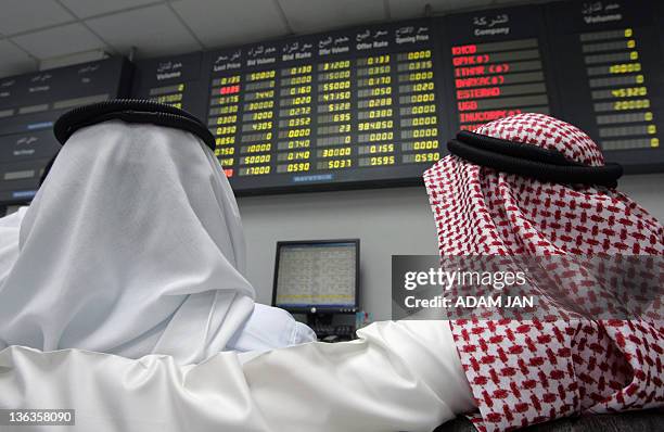 Bahraini traders follow the market's movement at the Stock Exchange in Manama on December 2, 2009. Gulf stock markets steadied after heavy losses in...