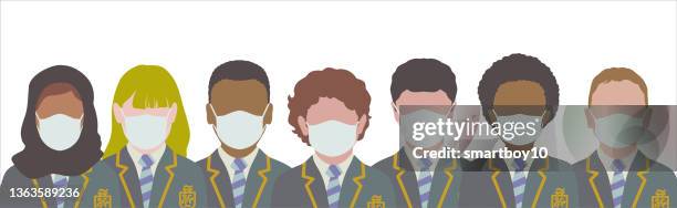 illustrations, cliparts, dessins animés et icônes de écoliers portant des masques de protection - school uniform