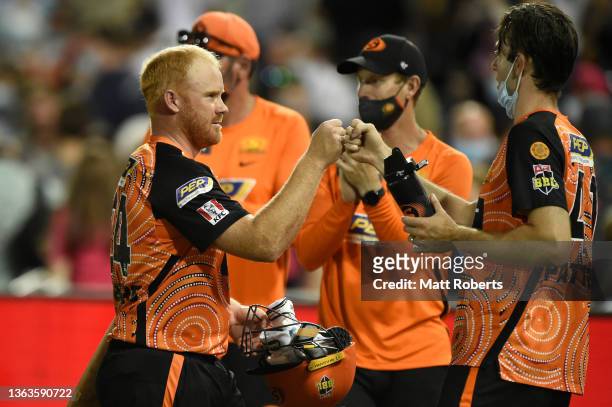 Chris Sabburg of the Scorchers celebrates victory during the Men's Big Bash League match between the Sydney Sixers and the Perth Scorchers at , on...