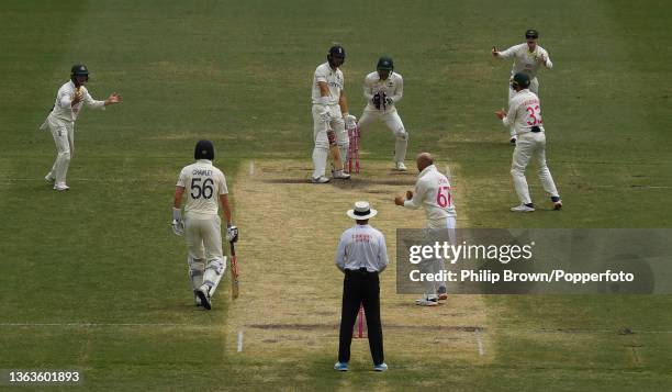 Dawid Malan of England after being bowled by Nathan Lyon of Australia during day five of the Fourth Test Match in the Ashes series between Australia...