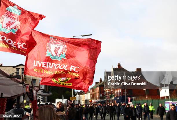 Flags are seen outside the stadium prior to the Emirates FA Cup Third Round match between Liverpool and Shrewsbury Town at Anfield on January 09,...