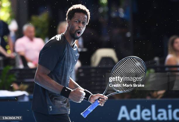 Gael Monfils of France celebrates winning the first set in the final against Karen Khachanov of Russia during day eight of the 2022 Adelaide...