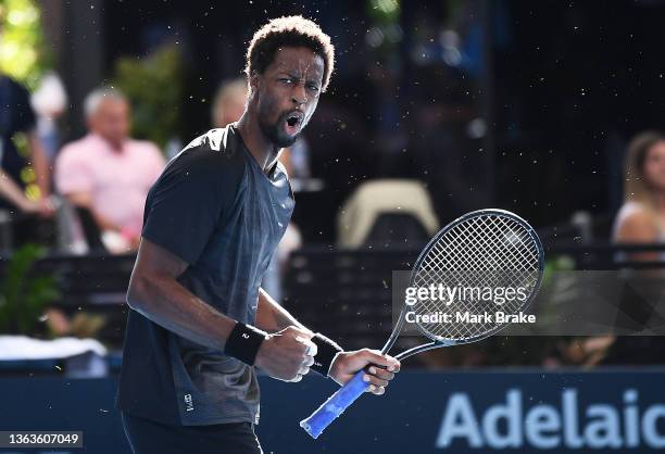 Gael Monfils of France celebrates winning the first set in the final against Karen Khachanov of Russia during day eight of the 2022 Adelaide...