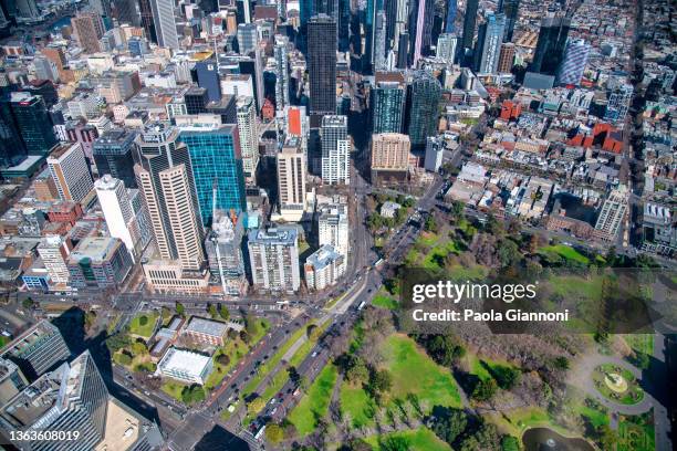 aerial view of city central business district from helicopter, melbourne. - victoria aerial stock pictures, royalty-free photos & images