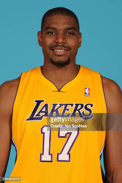 Andrew Bynum of the Los Angeles Lakers poses for a photo during Media Day at Toyota Sports Center on December 11, 2011 in El Segundo, California....