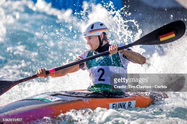 Ricarda Funk of Germany in action while winning the gold medal in the Canoe Slalom Women's K1 Final at the Kasai Canoe Slalom Centre at the Tokyo...