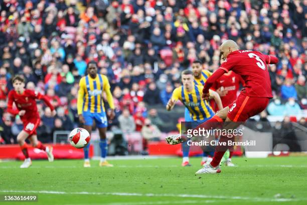 Fabinho of Liverpool scores their team's second goal, from the penalty spot, during the Emirates FA Cup Third Round match between Liverpool and...