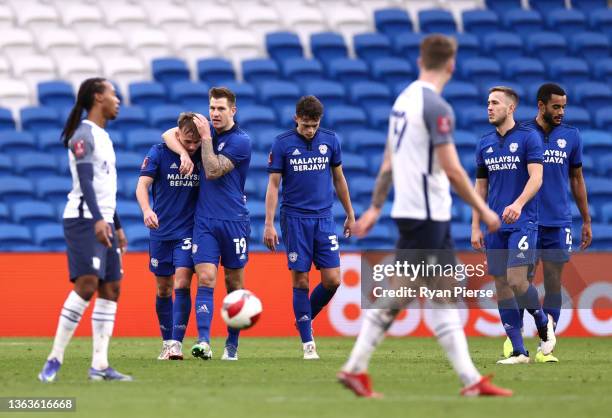 Isaak Davies of Cardiff City celebrates with teammate James Collins after scoring their team's first goal during the Emirates FA Cup Third Round...