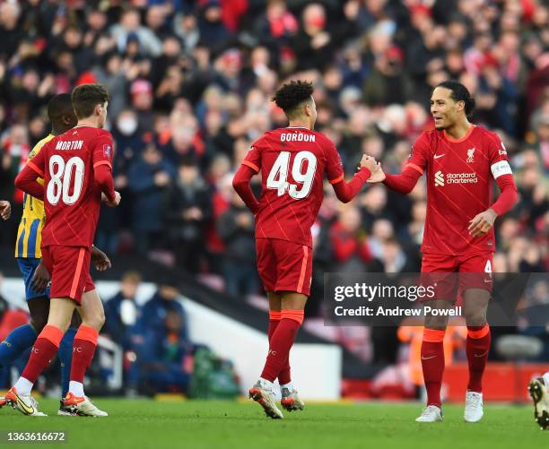 Kaide Gordon of Liverpool celebrates after scoring the first goal during the Emirates FA Cup Third Round match between Liverpool and Shrewsbury Town...