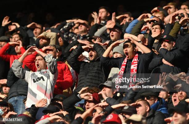 Fans react during the Emirates FA Cup Third Round match between Charlton Athletic and Norwich City at The Valley on January 09, 2022 in London,...