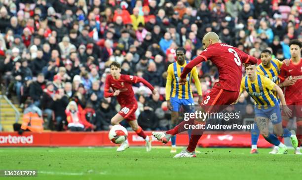 Fabinho of Liverpool scores the second goal making the score 2-1 during the Emirates FA Cup Third Round match between Liverpool and Shrewsbury Town...