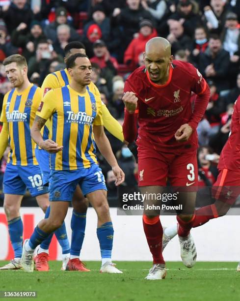Fabinho of Liverpool celebrates after scoring the second goal during the Emirates FA Cup Third Round match between Liverpool and Shrewsbury Town at...