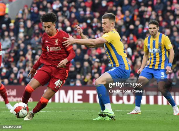 Kaide Gordon of Liverpool during the Emirates FA Cup Third Round match between Liverpool and Shrewsbury Town at Anfield on January 09, 2022 in...