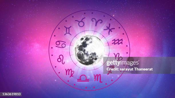 zodiac signs inside of horoscope circle. astrology in the sky with many stars and moons  astrology and horoscopes concept - astrology stock pictures, royalty-free photos & images